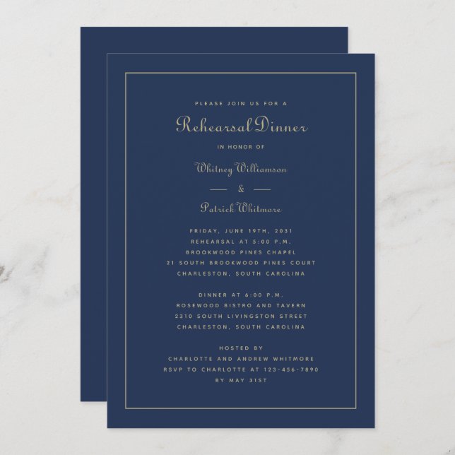 Rehearsal Dinner Wedding Elegant Navy Blue Gold Invitation (Front/Back)