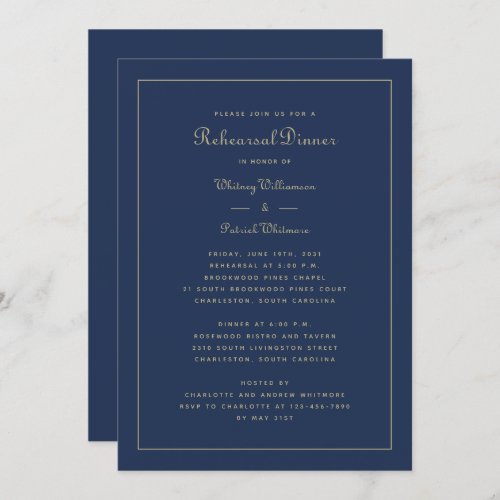 Rehearsal Dinner Wedding Elegant Navy Blue Gold Invitation