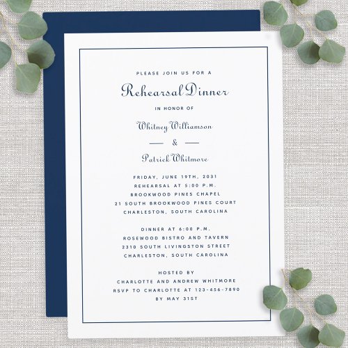 Rehearsal Dinner Wedding Elegant Script Blue White Invitation