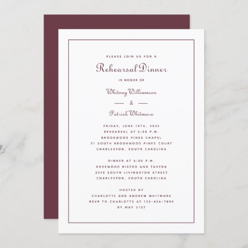 Rehearsal Dinner Wedding Elegant Script Burgundy Invitation