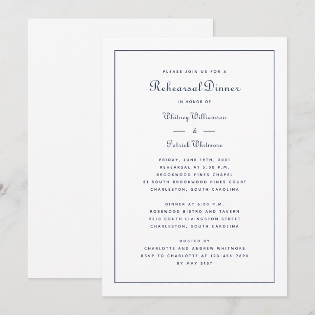 Rehearsal Dinner Wedding Elegant Script Navy Blue  Invitation (Front/Back)
