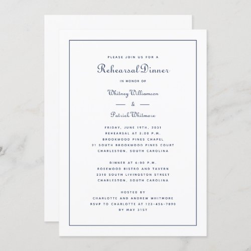 Rehearsal Dinner Wedding Elegant Script Navy Blue  Invitation