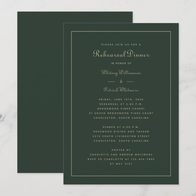 Rehearsal Dinner Wedding Emerald Green & Gold Invitation (Front/Back)
