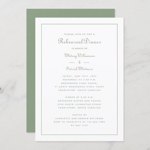 Rehearsal Dinner Wedding Sage Green Elegant Script Invitation