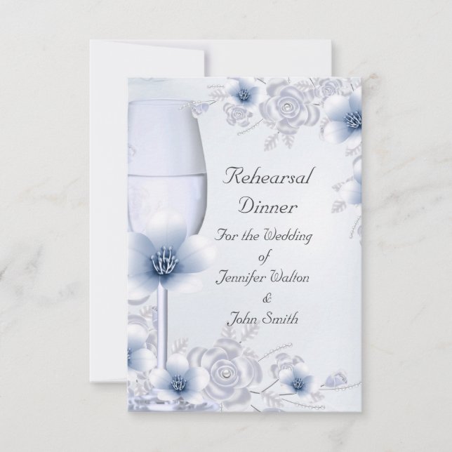 Rehearsal Dinner Wedding Silver Blue Rose Blossom Invitation (Front)