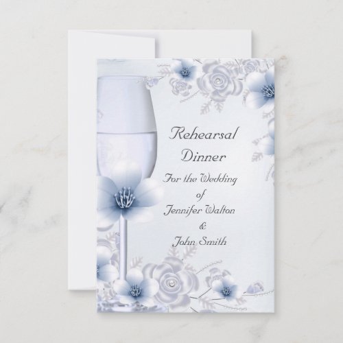 Rehearsal Dinner Wedding Silver Blue Rose Blossom Personalized Invitation