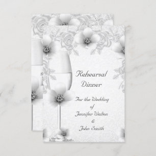 Rehearsal Dinner Wedding Silver White Rose Blossom Invitation