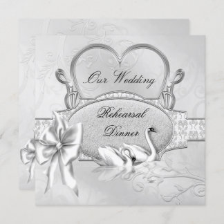 Rehearsal Dinner Wedding Silver White Swans Heart Invitation