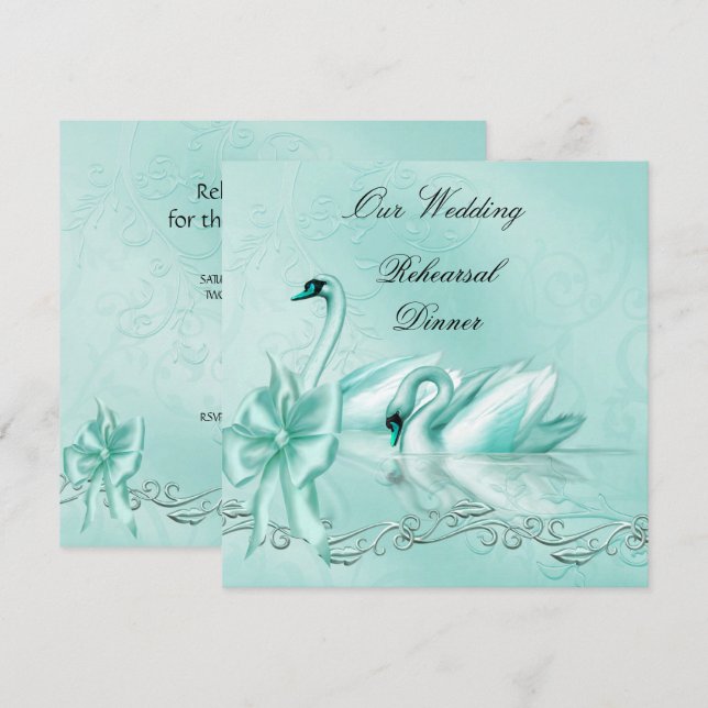 Rehearsal Dinner Wedding Teal Blue Aqua Swans Invitation (Front/Back)