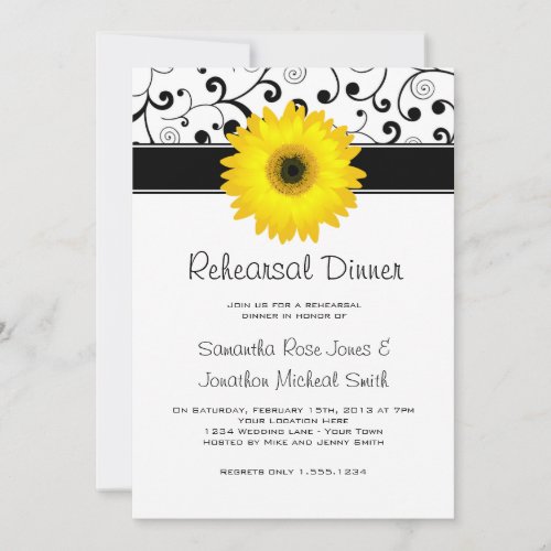 Rehearsal Dinner Yellow Gerbera Daisy Black Scroll Invitation