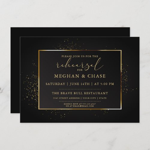 REHEARSAL  Elegant Black and Gold Glitter Invitation