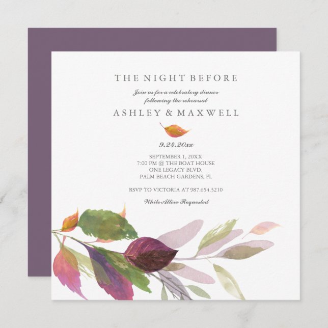 Rehearsal Invitations Watercolor Fall Leaves Plum (Front/Back)