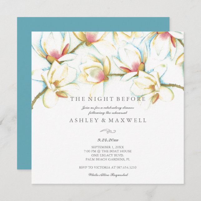 Rehearsal Invitations Watercolor White Magnolia (Front/Back)