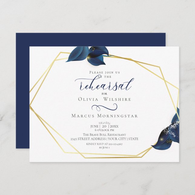 Rehearsal | Modern Deep Indigo Blue and Gold Invitation (Front/Back)