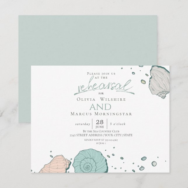 Rehearsal | Modern Seashells Coral and Teal Invitation (Front/Back)
