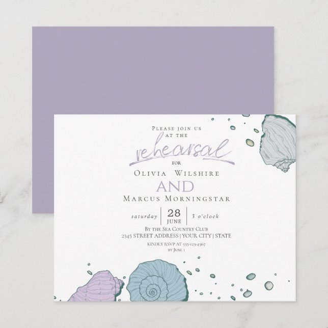 Rehearsal | Modern Seashells Dusty Blue Lilac Invitation (Front/Back)