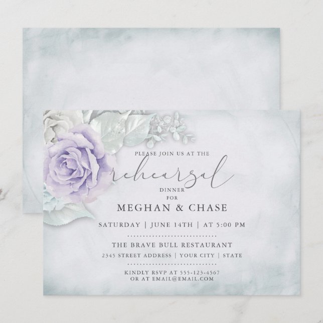 Rehearsal Vintage Lilac and Ice White Roses Invitation (Front/Back)