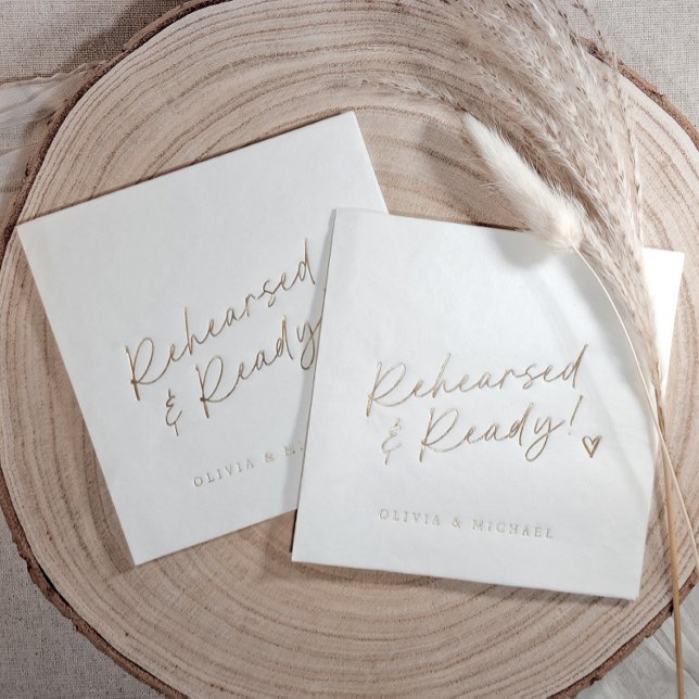 Rehearsed & Ready Wedding Rehearsal Dinner Gold Foil Napkins (Custom rehearsal dinner napkins that say "rehearsed & ready" and are gold foil stamped on wood back)