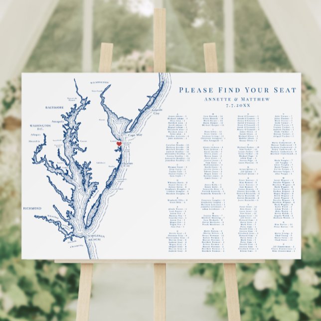 Rehoboth Beach Alphabetized Seating Chart for 200 Foam Board (Rehoboth Beach Delaware Wedding 200 guest alphabetized seating chart with elegant navy blue map )