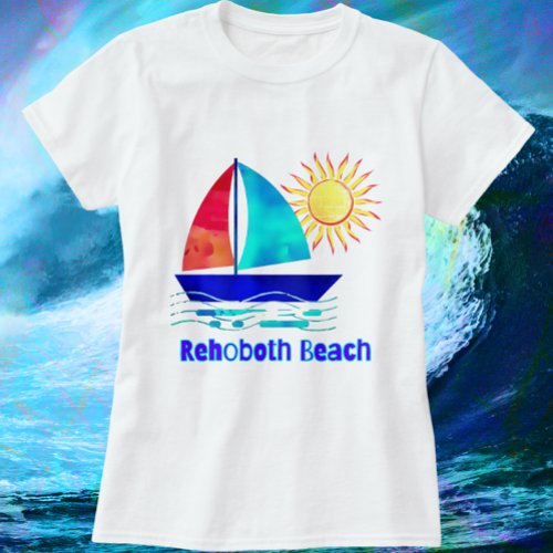Rehoboth Beach Delaware Pretty Watercolor Sailboat T_Shirt
