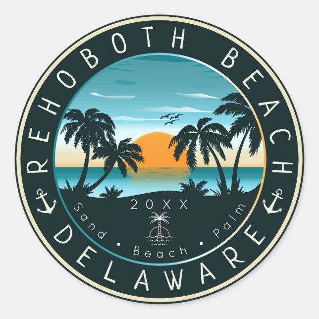 Rehoboth Beach Delaware Sunset Retro Souvenir 80s Classic Round Sticker (Front)