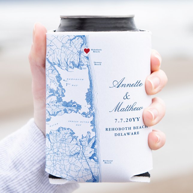 Rehoboth Beach Delaware Wedding Favor Drink Can Cooler (Rehoboth Beach Delaware can cooler wedding favor with elegant navy blue map from Coastal Map Designs)