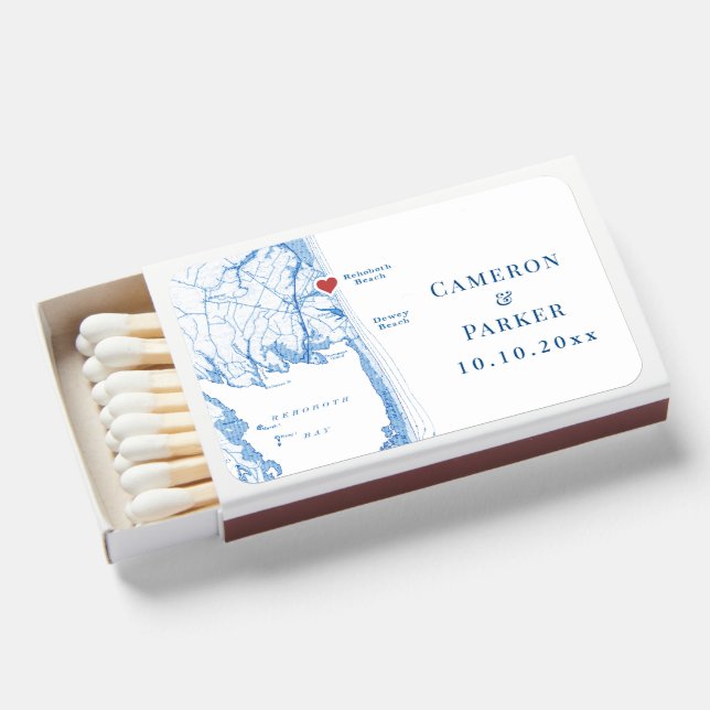 Rehoboth Beach Map Elegant Navy Blue Wedding Favor Matchboxes (Front Open)