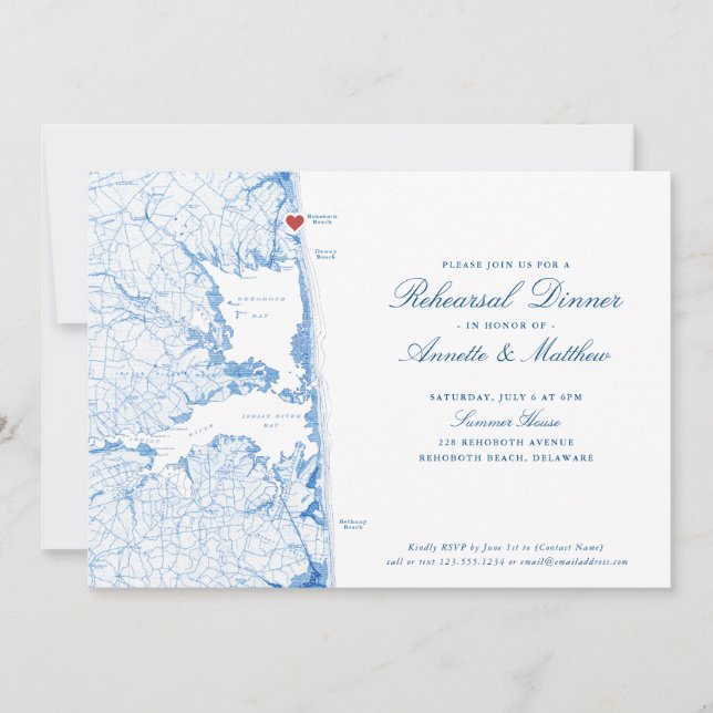 Rehoboth Beach Map Navy Blue Rehearsal Dinner Invitation (Front)