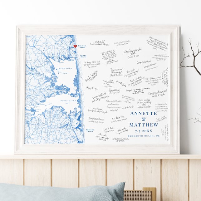 Rehoboth Beach Wedding Elegant Guest Book Poster (Rehoboth Beach Map Alternative Guest Book Poster in elegant Navy Blue by Coastal Map Designs)