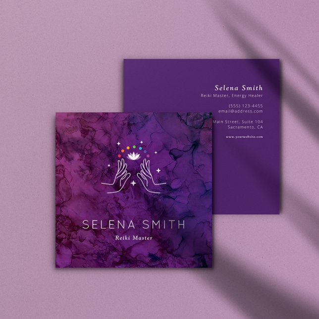Reiki Business Card Square design with Chakras (Reiki Business card mock-up shown both front and back design with foliage overlay
)