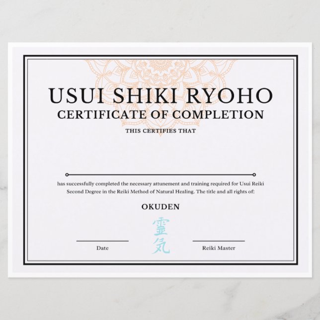 Reiki Certificate of Completion (OKUDEN) (Front)