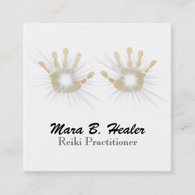 *~* Reiki Healing  Hands Energy Gold Foil Square Business Card (Front)