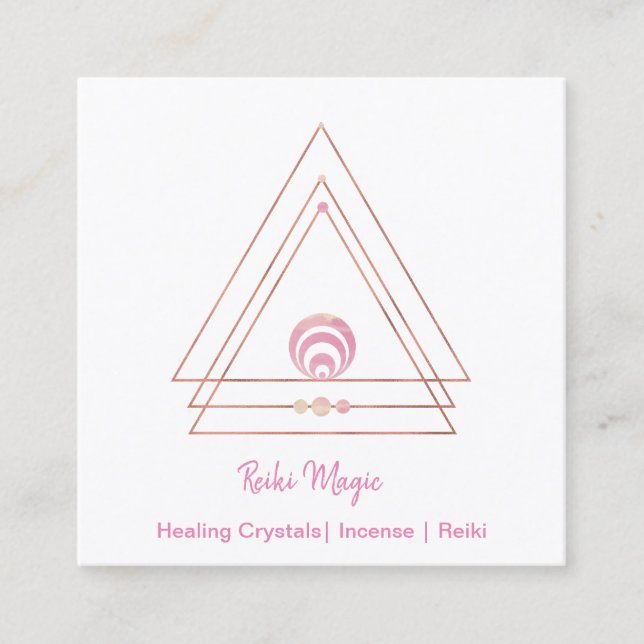 Reiki Magic Pink and Rose Gold Square Business Card (Front)