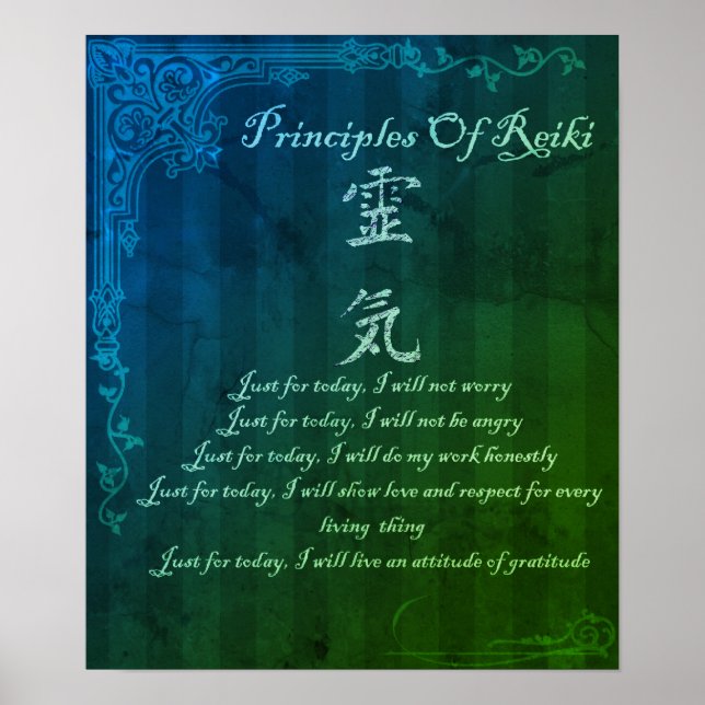 Reiki Principles Just For Today And Symbol Green Poster (Front)