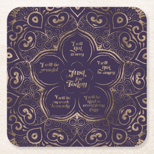 Reiki Principles _ Reiki Precepts Purple and Gold Square Paper Coaster