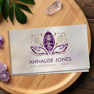 Reiki symbol and hands in Lotus Amethyst and Gold Business Card