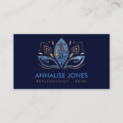 Reiki symbol and hands in Lotus Blue Marble Business Card