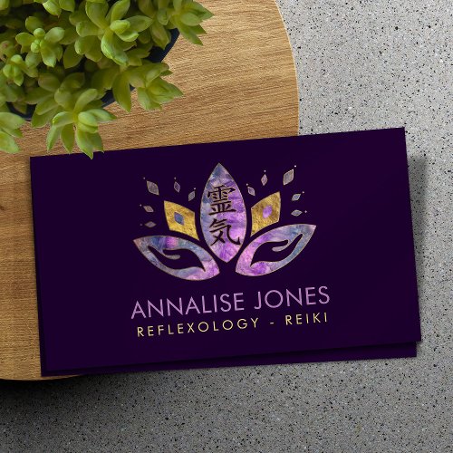 Reiki symbol and hands in Lotus Fluorite and Gold Business Card