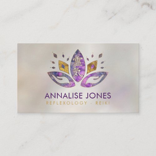 Reiki symbol and hands in Lotus Fluorite and Gold Business Card