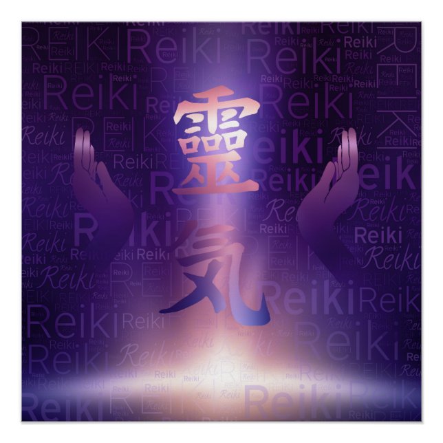 Reiki Symbols and healing hands on purple light Poster (Front)