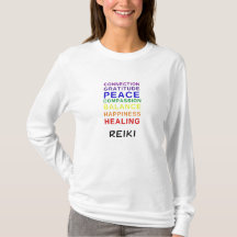 Reiki t-shirt featuring colors of the 7 chakras.