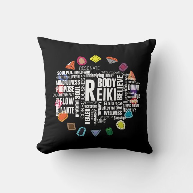 Reiki Terms Wordcloud Crystal Energy Stones Throw Pillow (Front)