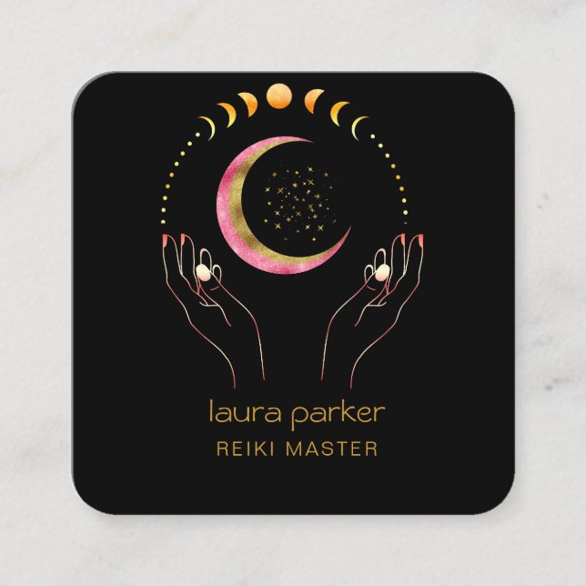 Reiki Yoga Healing Hands Crescent Moon Phases Square Business Card (Front)
