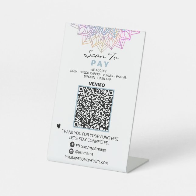 *~* Reiki  Yoga Table Tent PAY - QR code Tabletop Pedestal Sign (Front)