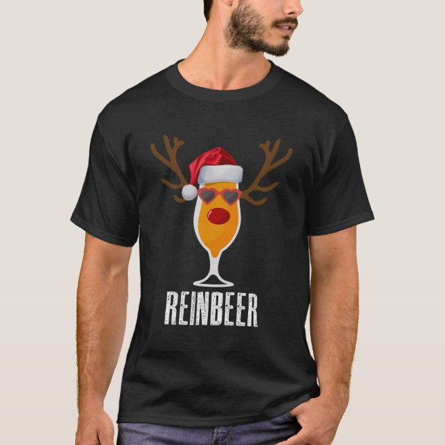 Reinbeer Santa'S Hat Reindeer Beer Glass Christmas T-Shirt (Front)