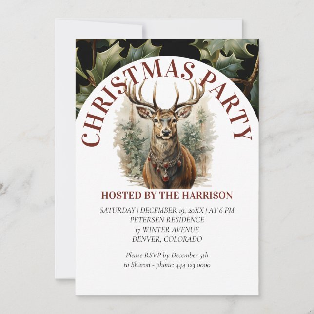 Reindear Retro Classic Cute Watercolor Christmas  Invitation (Front)