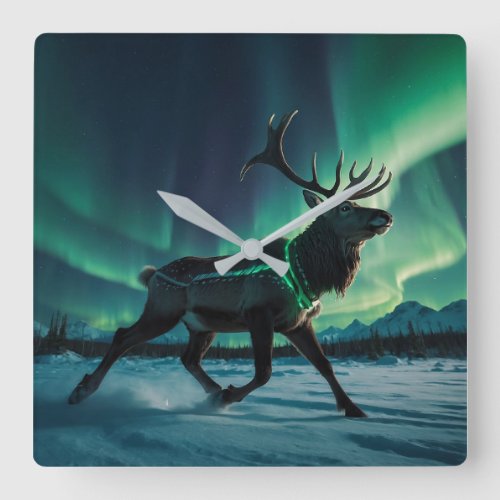 Reindeer and Alaskan Aurora Wildlife Design Square Wall Clock