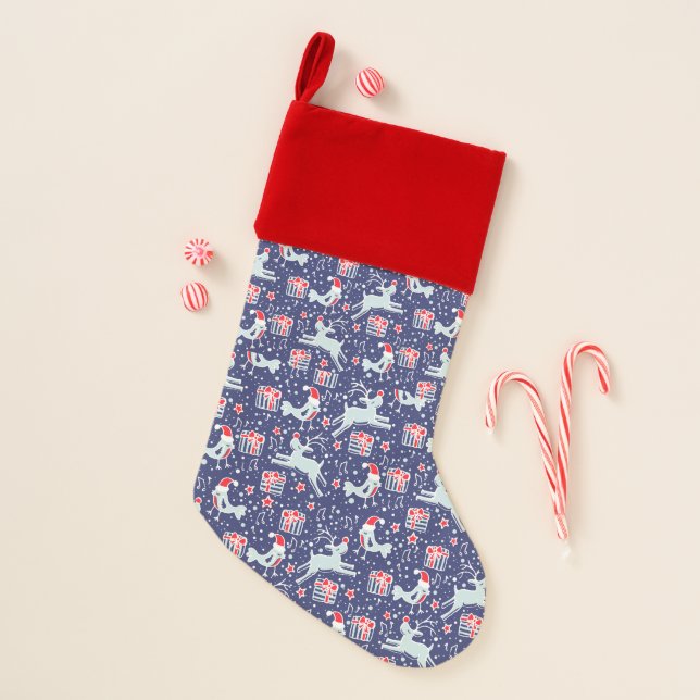 Reindeer and birds musical themed blue red christmas stocking (Front)
