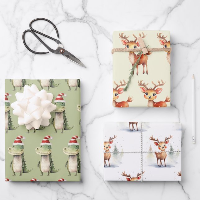 Reindeer and Christmas Alligators Wrapping Paper Sheets (Front)