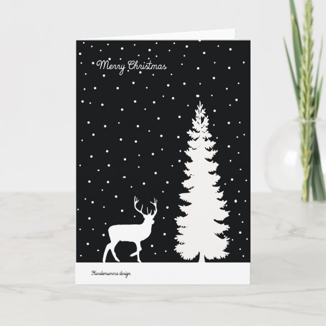 Reindeer and Christmas tree - falling snow Holiday Card (Front)